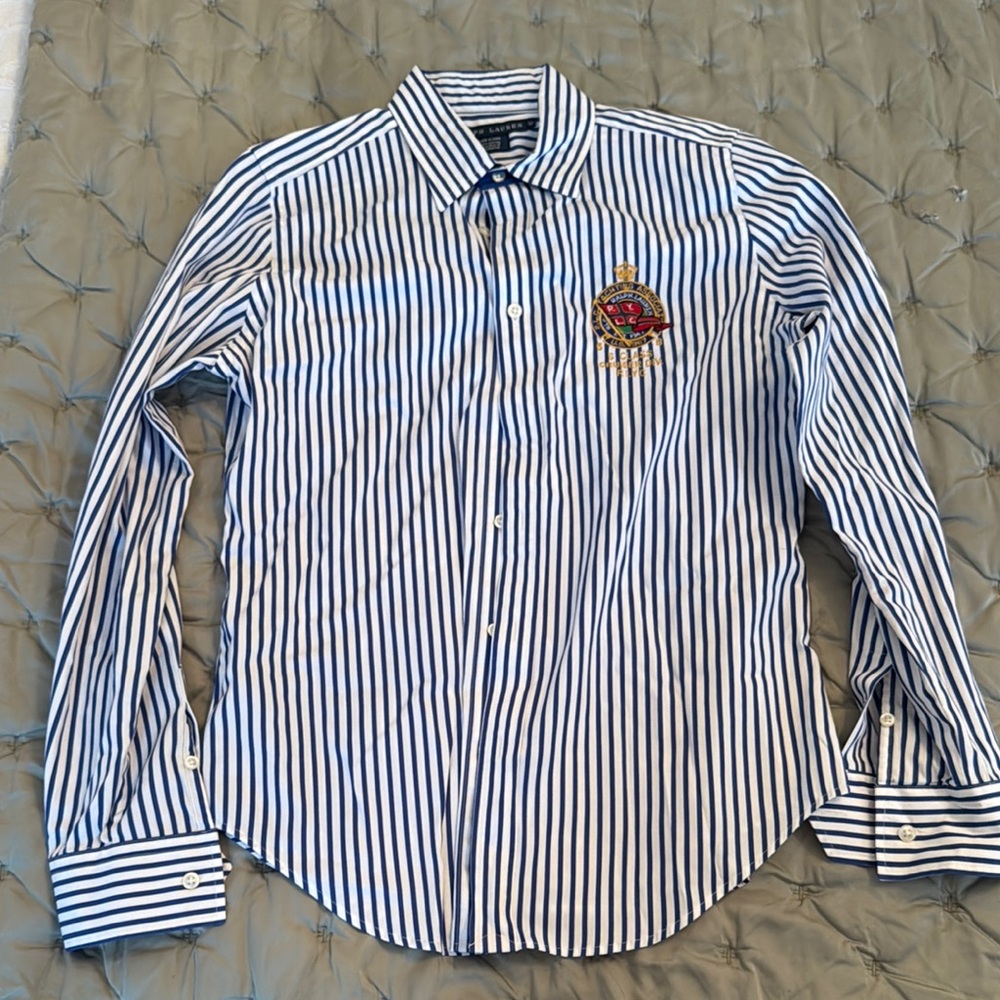 Women’s blue RL yacht button down striped shirt